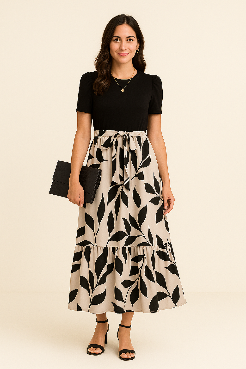Chic Contrast Tie-Waist Midi Dress