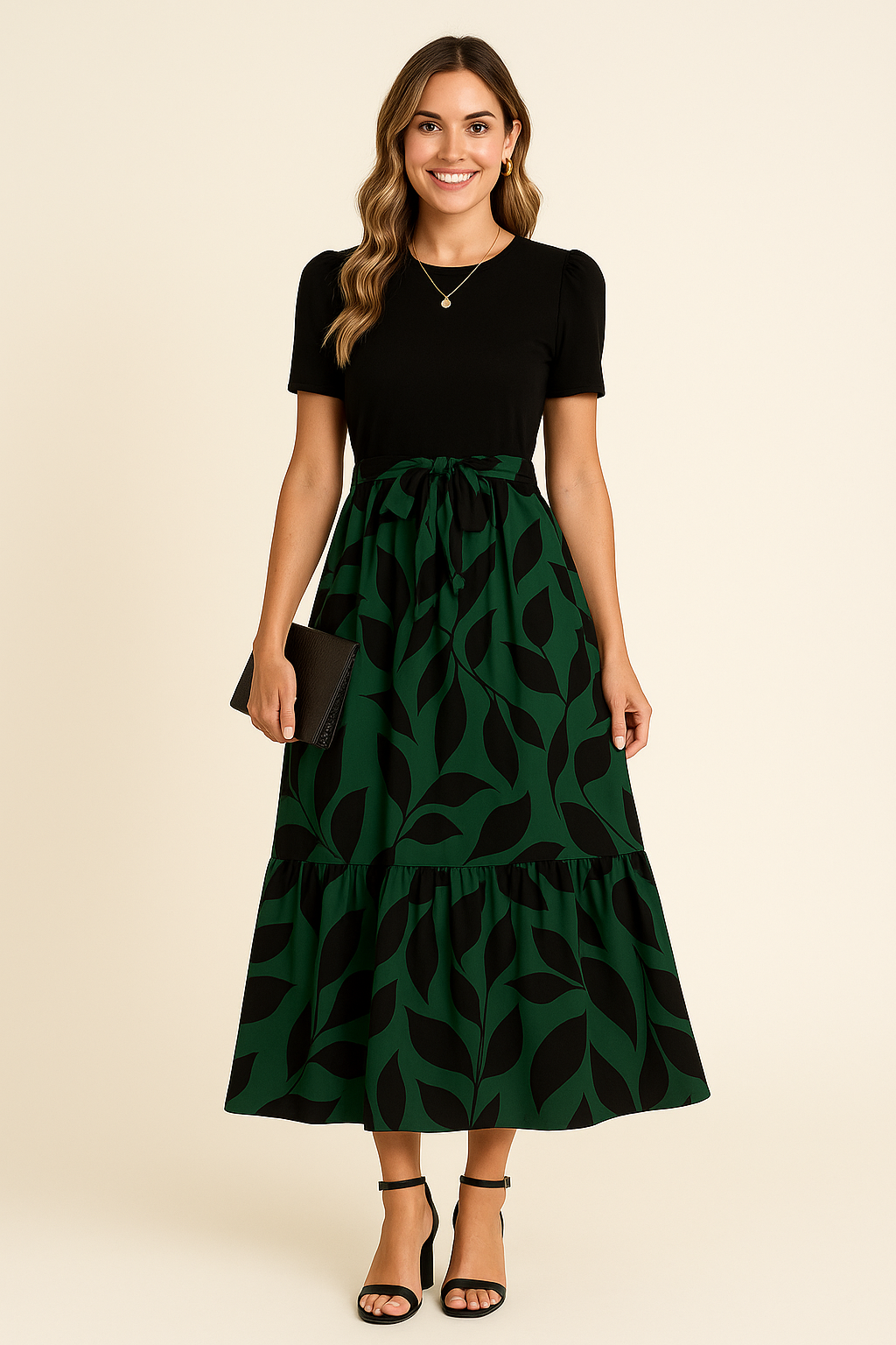 Chic Contrast Tie-Waist Midi Dress
